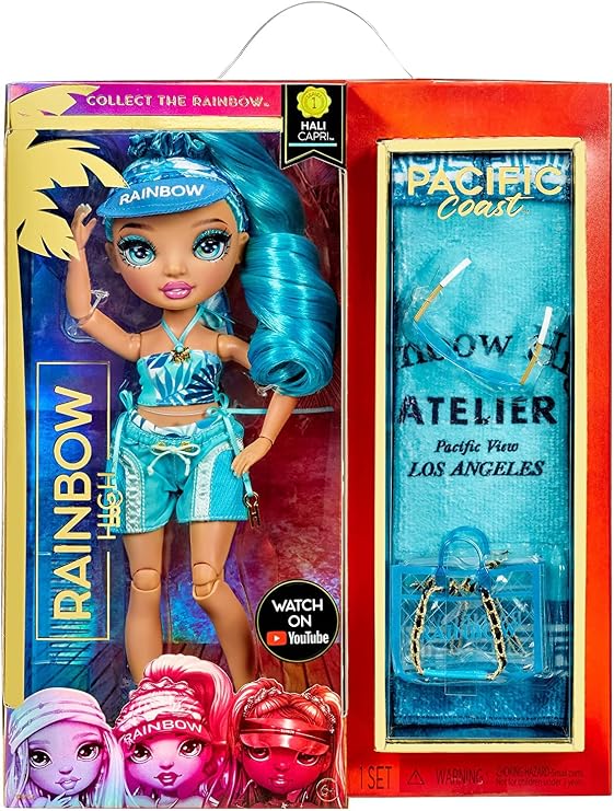 Rainbow High Pacific Coast Hali Capri (Blue) Fashion Doll with Pool Accessories playset, and Interchangeable Legs. Great Gift for Kids Ages 6-12+ Years, Multicolor