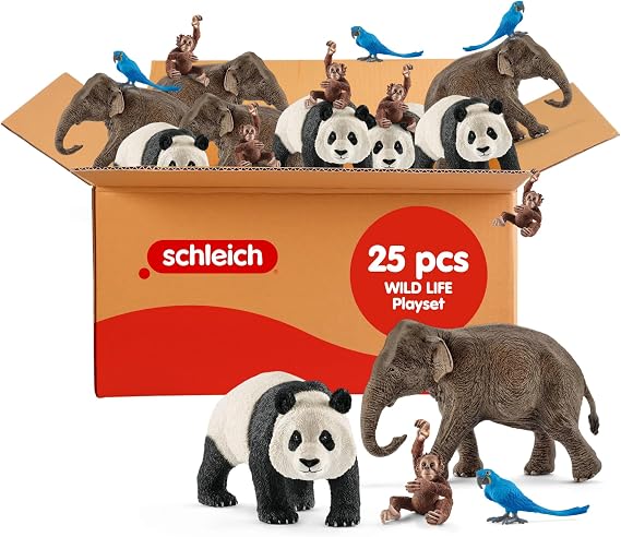 Schleich Wild Life - 25 PC Wild Animal Playset - Realistic Animal Bundle with Panda, Parrot, Monkey and Elephant Figurines - Treasure Box for Classroom Kids - Educational Toys for Children 3+