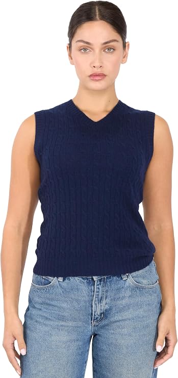 JENNIE LIU Womens 100% Cashmere V Neck Cable-Knit Sweater Vest