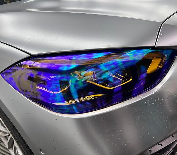 LZLRUN Chameleon Blue Headlight Taillight Vinyl Tint Wrap Roll 12 x 48 in | Chrome chameleon finish, with install tools, self-adhesive, highly stretchable, For auto headlight taillight fog light Cover