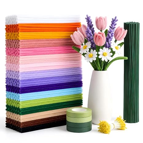 Pipe Cleaners for Craft Flowers, 800Pcs DIY Flower Making Kit - 30cm Chenille Stems 16 Colours with Floral Wire, Tape & Stamens, Arts and Craft Supplies for Kids & Adults, Creative Handmade Gift