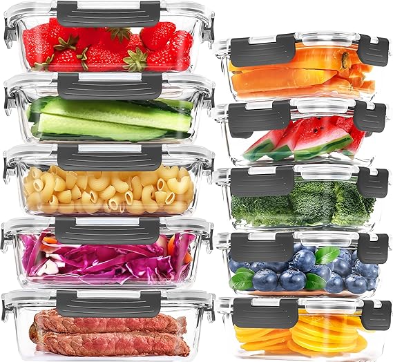 Glass Food Storage Containers Set - Pack of 10 - Skroam Glass Storage Box for Food (10 Lids & 10 Containers) BPA-Free Airtight Kitchen Storage Containers Microwave & Freezer Friendly