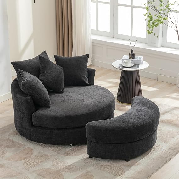 Accent 360 Swivel Barrel Chair with Storage Ottoman & 4 Pillows,Modern Oversize Round Swivel Leisure Arm Chair for Living Room Hotel Club Lounge Chair,Chenille Black Grey...
