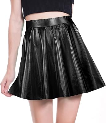 DOOVID Womens Shiny Metallic Skirt Flared Pleated Shiny Skirts Halloween Mini Skater Skirts