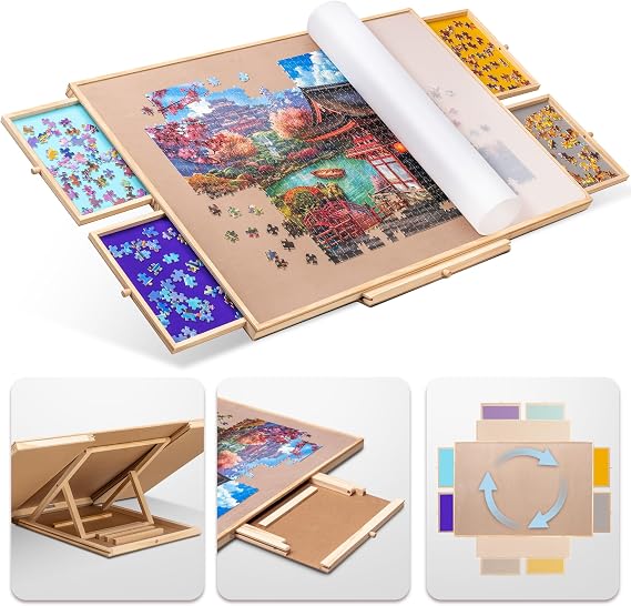 Tektalk Rotating Jigsaw Puzzle Table with Integrated Adjustable Stand/Bracket and Removable Cover, 3-Tilting-Angle Wooden Plateau Portable Puzzle Board with 4 Sorting Drawers, for Up to 1500 Pieces