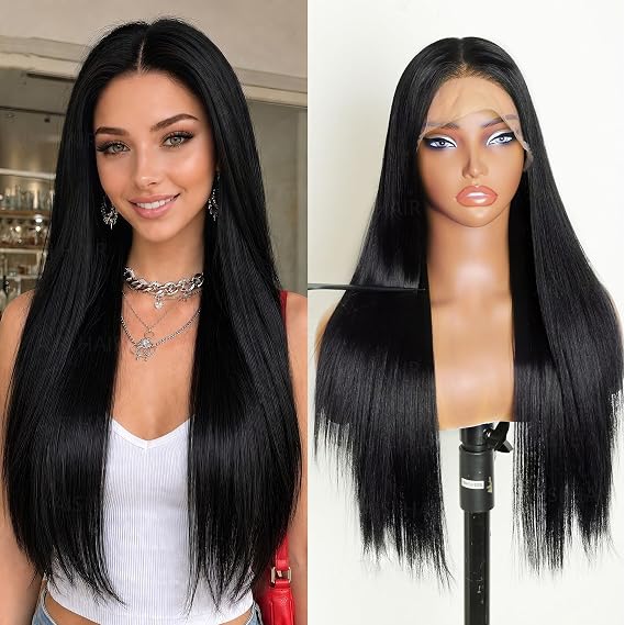 AISI HAIR Straight Lace Front Wig Pre Plucked With Baby Hair 13x4 HD Glueless Synthetic Black Wigs for Women 28inch Beginner Friendly