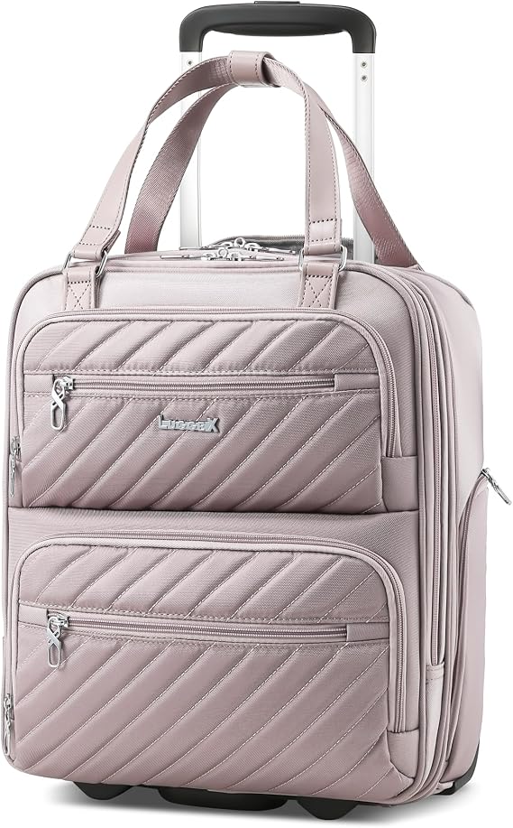 LUGGEX Underseat Carry On Bag, Grey Pink, 16" | Personal Item, Lightweight Soft-Sided Suitcase, Under Seat Travel Bag, Smooth Wheels, Short Trip Essential, UDK, UX-Core