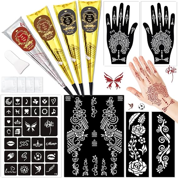 Temporary Stencils Tattoos Kit, 4 Pcs Tattoo Cones 3 Color (2 Black 1 Maroon 1 Cherry Red) with Gloves Brush Tool,DIY Body Art Skin Painting Designs Fun for Family Friends Party Gifts