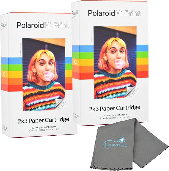 Polaroid Hi Print 2x3 Paper Cartridge, Peel and Stick, 2 Pack (40 Photos) with a Microfiber Cleaning Cloth