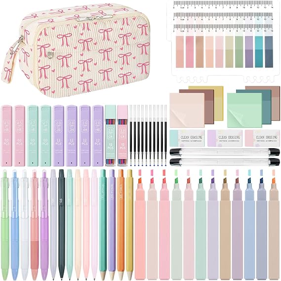 WOBAGMEN 62PCS Aesthetic School Supplies with Corduroy Pencil Case, Pastel Highlighters Gel Pens Mechanical Pencils, Cute College Essentials Set (Bow Heart)
