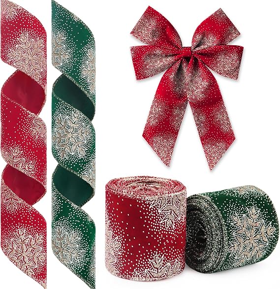 2 Rolls Christmas Ribbon for Wreath Bows Wrapping Gifts, Glitter Snowflake Red Green Christmas Ribbon for Gift Wrapping Party Supplies Decoration DIY 2.5" X 10yd Wired Winter Wreaths Ribbon
