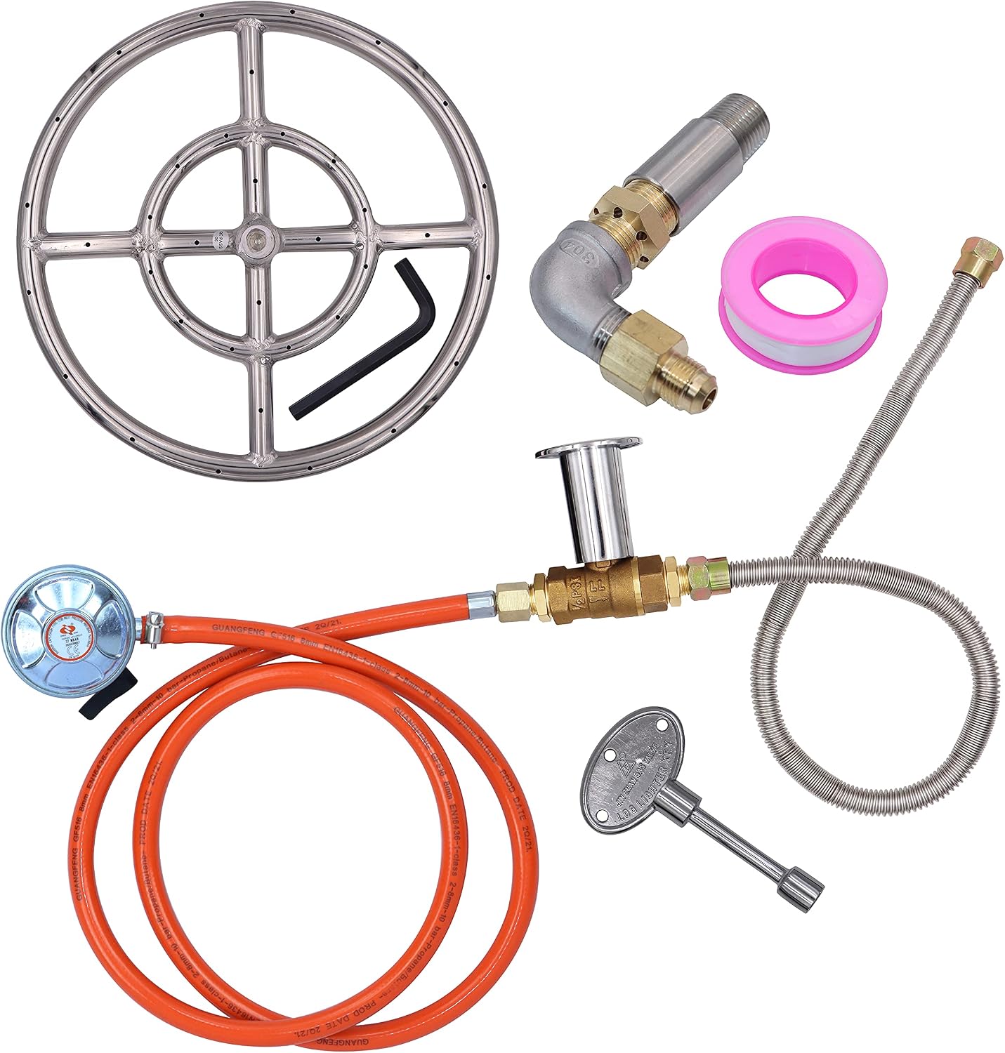27mm 37mbar Clip-on Propane Flow Regulator with 1.5 Meter Hose and Gas Fire Pit Stainless Steel Burner Ring Installation Kit, 12 Inches 304 Stainless Steel Propane Fire Pit Kit