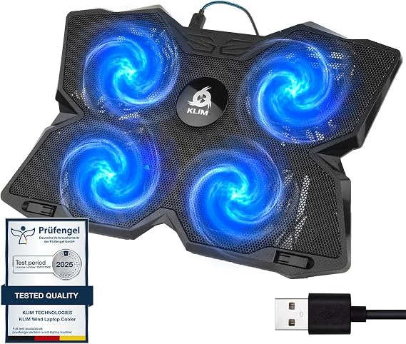 KLIM Wind 4 Fan Laptop Cooler 1200rpm USB Power Supply 11"-19" Compatible with PS5 - Blue