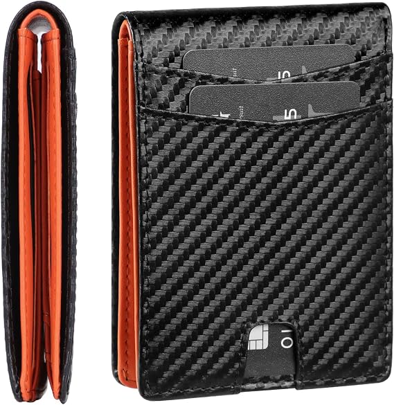 GSG Mens RFID Blocking Bifold Wallet Genuine Leather Slim Front Pocket Wallet with 10 Card Slots, Gift Box & Discreet Tracker Slot for AirTag or Similar Device, Black, Carbon Fiber Black and Orange