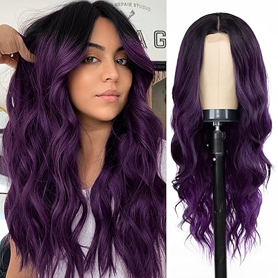 NAYOO Purple Wigs for Women Long Wavy Wig Synthetic Heat Resistant Fiber Middle Part Women Wigs for Daily Party Use 26 Inch Ombre Dark Purple