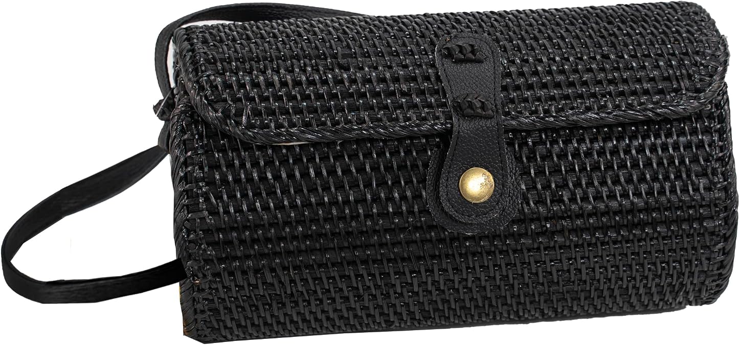 Beach Bag for Women Crossbody Purse Rattan Handwoven Black(Small)