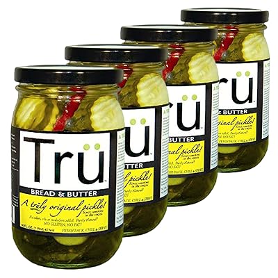 Bread and Butter By Tru Pickles. 16 OZ Gourmet, Made with the Perfect Balance of All Natural Ingredients. 4 Pack