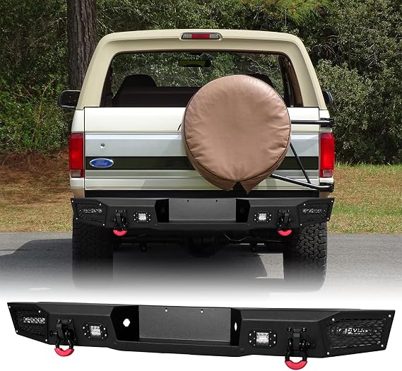 Rear Bumper Compatible with 1992 1993 1994 1995 1996 1997 Ford F150 F250 F350 F450 F550 and 1992 1993 1994 1995 1996 Ford Bronco with 4 LED Lights & 2 4.75 D-Rings