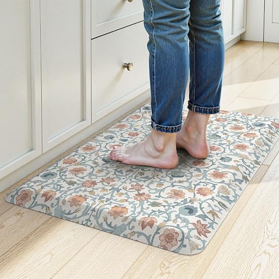 KIMODE Kitchen Mats for Floor Anti-Fatigue Cushioned Comfort Standing Mat | Vintage Blue, 32" x 20", Floral Sink Rug Non Slip for Laundry,Wipe Clean,Extra Thick,Foam Carpet for Office Floor
