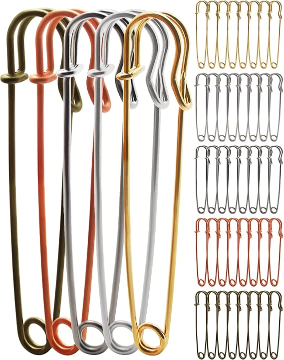 Benvo Jumbo Heavy Duty Blanket Pins - 4" Steel Lock Pins, 40 Pcs for Laundry, Key Rings, Clothes & More (Black, Gold, Silver, Bronze & Rose Gold)