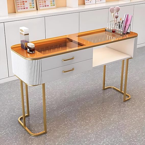 Professional Salon Nail Desk for Nail Tech 47.24IN (Amber Tempered Glass Top)(Fluted Design), Manicure Table with Drawers & Shelves