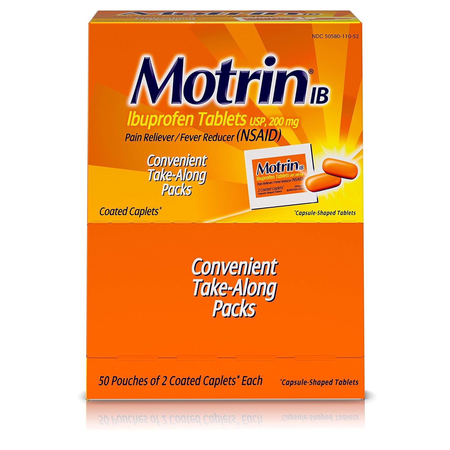 Motrin IB, Unit Dose Box of 100 50 packs of 2 Coated Caplets, 200mg Ibuprofen