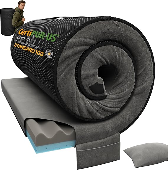Releep 3 Inch Dual-Sided Memory Foam Camping Mattress, Waterproof Camping Sleeping Pad with Portable Pillow & Carry Bag, Roll Up Cot Mattress Mat for Guest Bed/Car/Tent