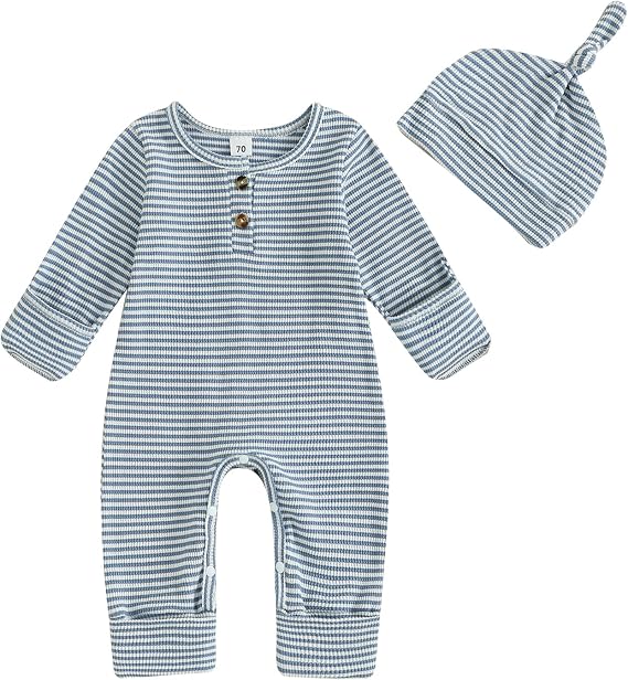 ZAXARRA Newborn Baby Boy Fall Romper Solid Color Long Sleeve Round Neck Full Length Jumpsuit with Hat