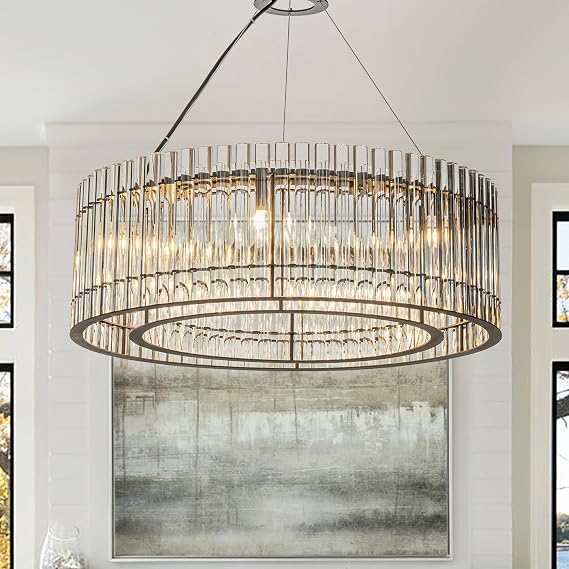 ALOADECOR 6-Light W 24 in Modern Luxury Matte Black 2-Tier Round Chandelier with Glass Rods Accent Lantern Drum Glass Chandelier for Living Room Dining Room Bedroom