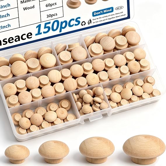 smseace 150Pcs 4-Sizes Button Wood Plugs 3/16" 5/16",3/8",1/2" Wooden Hole Plugs for Holes in Furniture/Table and Chair Legs/Cabinet Reserved Holes/Outdoor Equipment Wood Plugs Assortment Kit