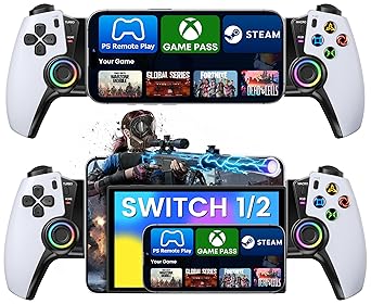 KICKDOT Mobile Gaming Controller for iPhone Android, Hall Effect Joysticks Bluetooth Telescopic Gamepad with RGB Lighting, Programmable Back Buttons for PS Remote Play Xbox Cloud Gaming Steam Deck iPad Mini