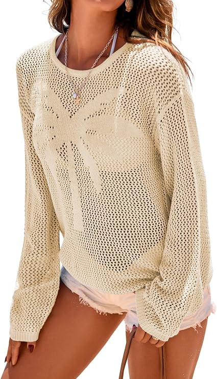 Dokotoo Womens Fashion 2026 Summer Crochet Hollow Out Long Sleeve Sweaters Casual Crewneck Pullover Shirt Beach Coverup