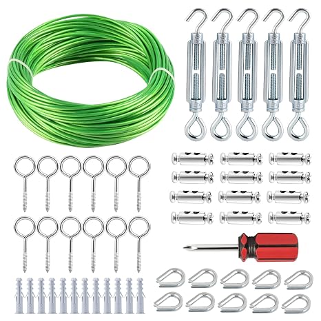 30 m Wäscheleine mit Stahlkern PVC Ummantelt Drahtseil mit Ösen Vielseitig Grün Stahlseil 3 mm Wäscheleinenspanner für Kabel Drähte Wäscheleinen Weinreben Lichterketten zum Aufhängen