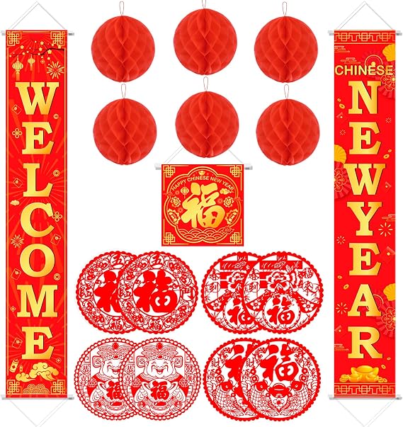 Konsait Chinese New Year Decorations 2025, Lunar New Year Couplets Set Red Lantern Lamps Honeycomb Decor Chinese New Year Decor Fu Window Stickers for Spring Festival