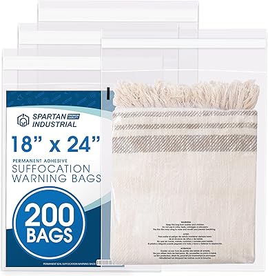 Spartan Industrial - 18” X 24” 200 Count Self Seal Clear Poly Bags with Suffocation Warning for Packaging, Shipping - Permanent Adhesive