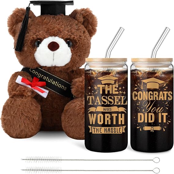 2027 Graduation Gifts Graduation Stuffed Bear 16oz Glass Cup, Gold