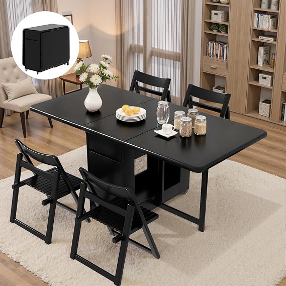 Folding Drop Leaf Dining Table and Chairs Set 6 Seater, Ready Assembled Space Saving Foldable Solid Wood Kitchen Table with Storage and Lockable Wheels (Black, 150 cm Table with 6 Chairs)