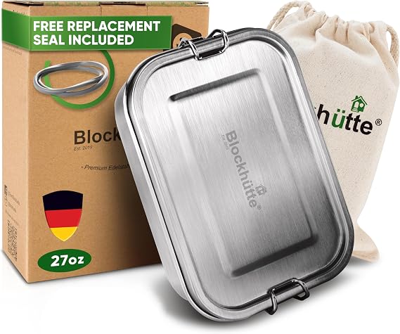 Blockhutte Stainless Steel Lunch Box I 27oz I with free sealing I Bento Box 3 Compartments, Leak-Proof Food Containers, Metal Lunchbox for Travel & Work, Eco-Friendly Meal Storage Solution