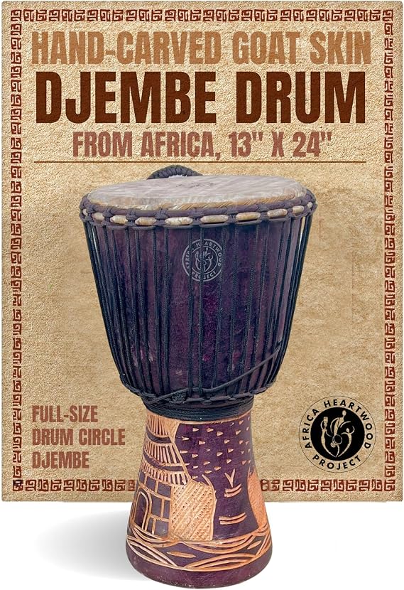 Africa Heartwood Project Hand-Carved Djembe Drum from Ghana - 13"x24" Authentic African Drum Circle Village Djembe - Solid Wood & Natural Goat Skin - Ready to Play Out of the Box Musical Instrument