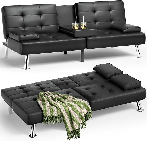 JUMMICO Faux Leather Futon Sofa Bed, Sleeper Sofa with Adjustable Backrest | Futon Couch with Removable Armrests & 2 Cup Holders, Loveseat Futon Set for Living Room, Apartment and Office | Black