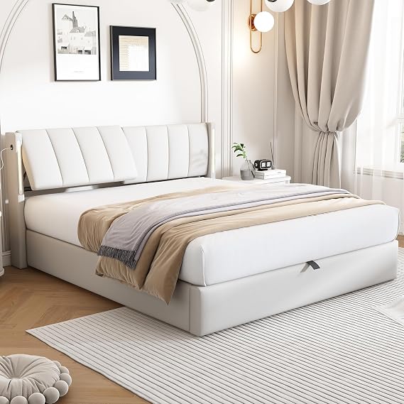 BTM Upholstered Super King Size Bed, 6ft (180x200cm) Super King Size Bed with Storage & Hydraulic Lift, USB Charging Ports, Adjustable Headboard & LED Lighting, PU, White, No Mattress