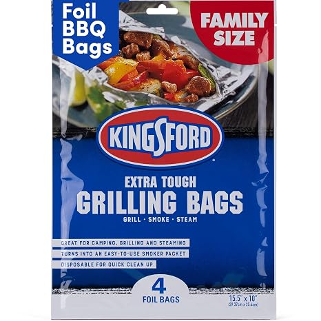 Kingsford Extra Tough Grilling Bags, Heavy Duty Aluminum Foil Bags for Grill Oven Cooking, Steaming Smoking Food, Disposable BBQ, 15.5 x 10 Inch, 4 Count