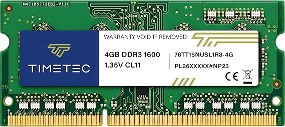 Timetec 4GB DDR3L / DDR3 1600MHz PC3L-12800 / PC3-12800 Non-ECC Unbuffered 1.35V / 1.5V CL11 1Rx8 Single Rank 204 Pin SODIMM Laptop Notebook PC Computer Memory RAM Module Upgrade (4GB)