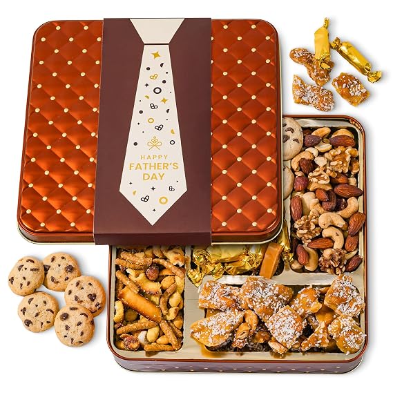 Fathers Day Snack Assortment Gift Basket- Candy and Nuts Gift Tin- Gourmet Treat Variety Present in Keepsake Tray Best Gift Idea for Men, Dad, Father, Him- Bonnie and Pop