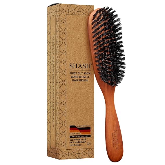 SHASH Classic German First Cut 100% Boar Bristle Hair Brush Since 1869 - Conditions Hair, Improves Texture, Exfoliates Scalp, Fine to Normal not for Coarse hair!