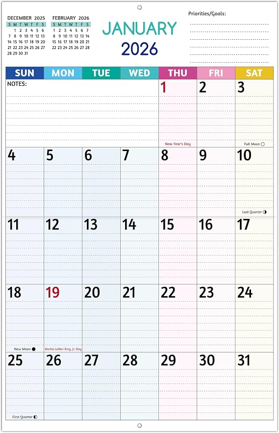 2026 Wall Calendar - Large Print Calendar 2026, 12 Monthly Calendar, Jan. 2026 - Dec. 2026, 14.6 x 22.8 In (Open), 2026 Calendar with Big Numbers, Large Grid, Notes, Moon Phases, Great for Planning