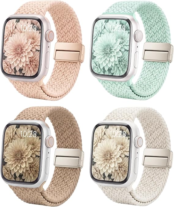 4Pack Braided Magnetic Bands for Apple Watch Ultra 1 2 3 4 5 6 9 8 7 9 10 11 SE, Adjustable Stretchy Nylon Loop Straps for iWatch 49mm 46mm 45mm 44mm 42mm 41mm 40mm 38mm, Men Women