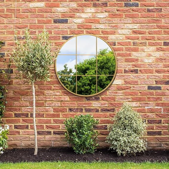 MirrorOutlet The Circulus - Solid Gold Metal Framed Window Modern Round Circular Garden Wall Mirror 31" X 31" (80CM X 80CM) Silver Mirror Glass with Black All weather Backing.