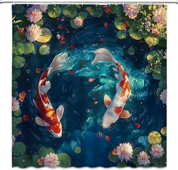 Koi Fish Shower Curtain Japanese Lotu Pond Carp Asian Pink Floral Green Leaves Nature Oriental Aesthetic Bathroom Curtain Fabric with Hooks(70" WX70 H)