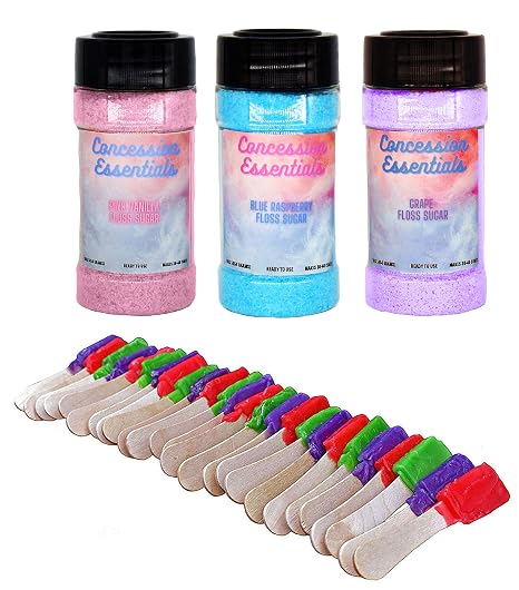 Concession Essentials Candy Floss Sugar, Pink Vanilla + Blue Raspberry + Grape, 16 Oz Jar, 3 Count